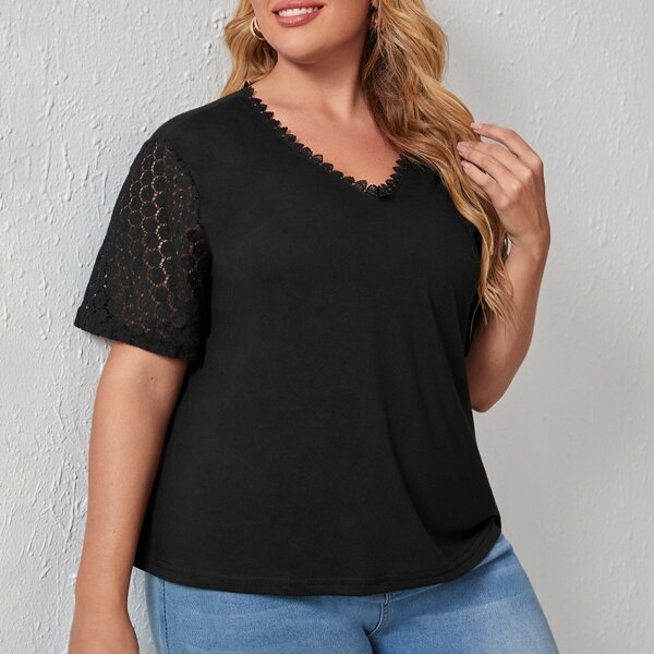

Plus Solid Contrast Lace Sleeve Tee, Black