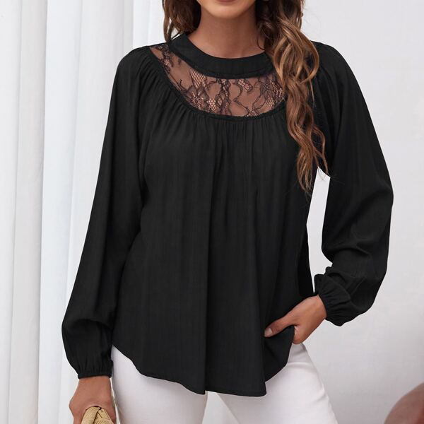 

Contrast Lace Lantern Sleeve Top, Black