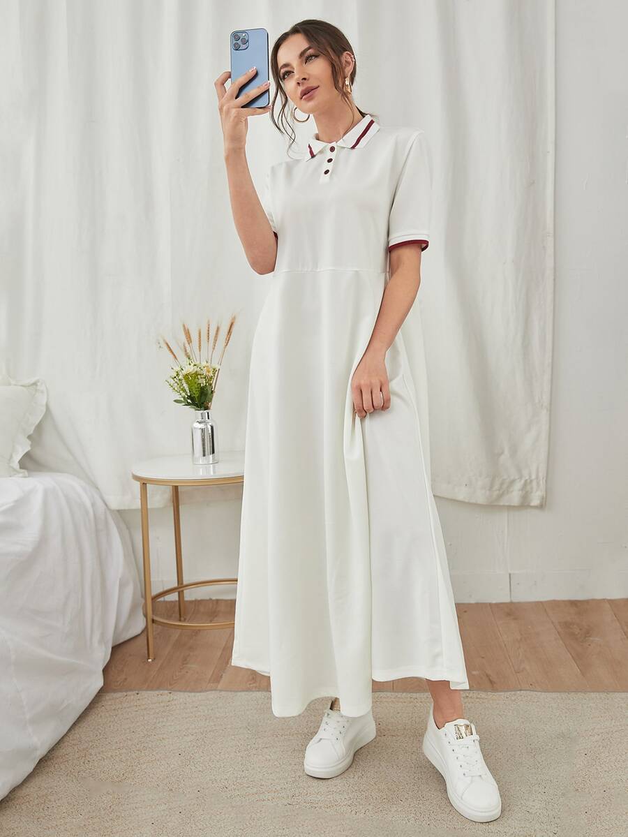 SHEIN Vestido estilo camiseta unido en contraste de cuello polo - Blanco - Ver 1
