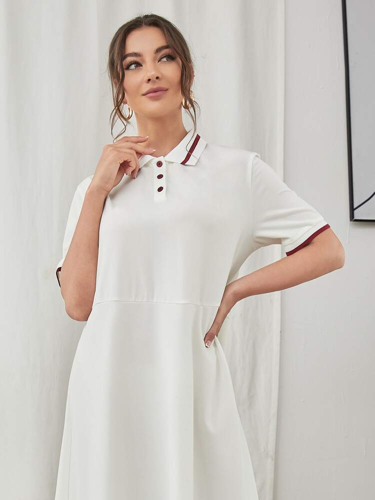 SHEIN Đầm Nút phía trước Sọc Giải trí - trắng - Xem 3