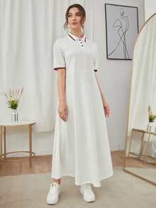 SHEIN Vestido estilo camiseta unido en contraste de cuello polo - Blanco - Ver 4
