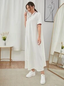 SHEIN Vestido estilo camiseta unido en contraste de cuello polo - Blanco - Ver 5