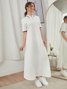 SHEIN Vestido estilo camiseta unido en contraste de cuello polo - Blanco - Ver 6