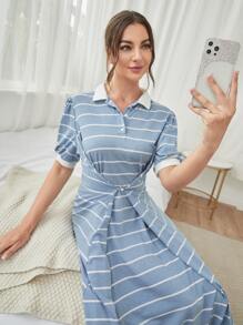 Mulvari Striped Polo Neck Button Detail Dress - Dusty Blue - View 6