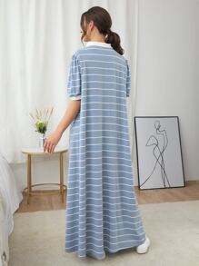 Mulvari Striped Polo Neck Button Detail Dress - Dusty Blue - View 2