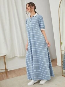 Mulvari Striped Polo Neck Button Detail Dress - Dusty Blue - View 3