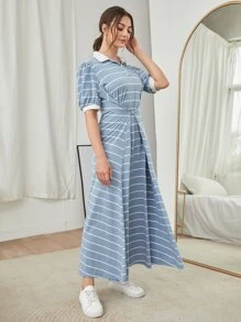 Mulvari Striped Polo Neck Button Detail Dress - Dusty Blue - View 1