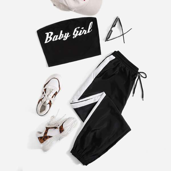 

Baby Girl Graphic Tube Top & Windbreaker Joggers Set, Black