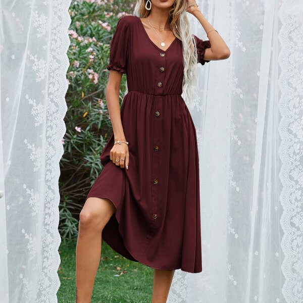 

V-neck Button Front A-line Dress, Burgundy