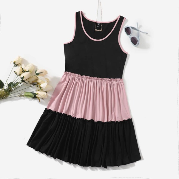 

Plus Colorblock Ruched Frill Trim Dress, Multicolor