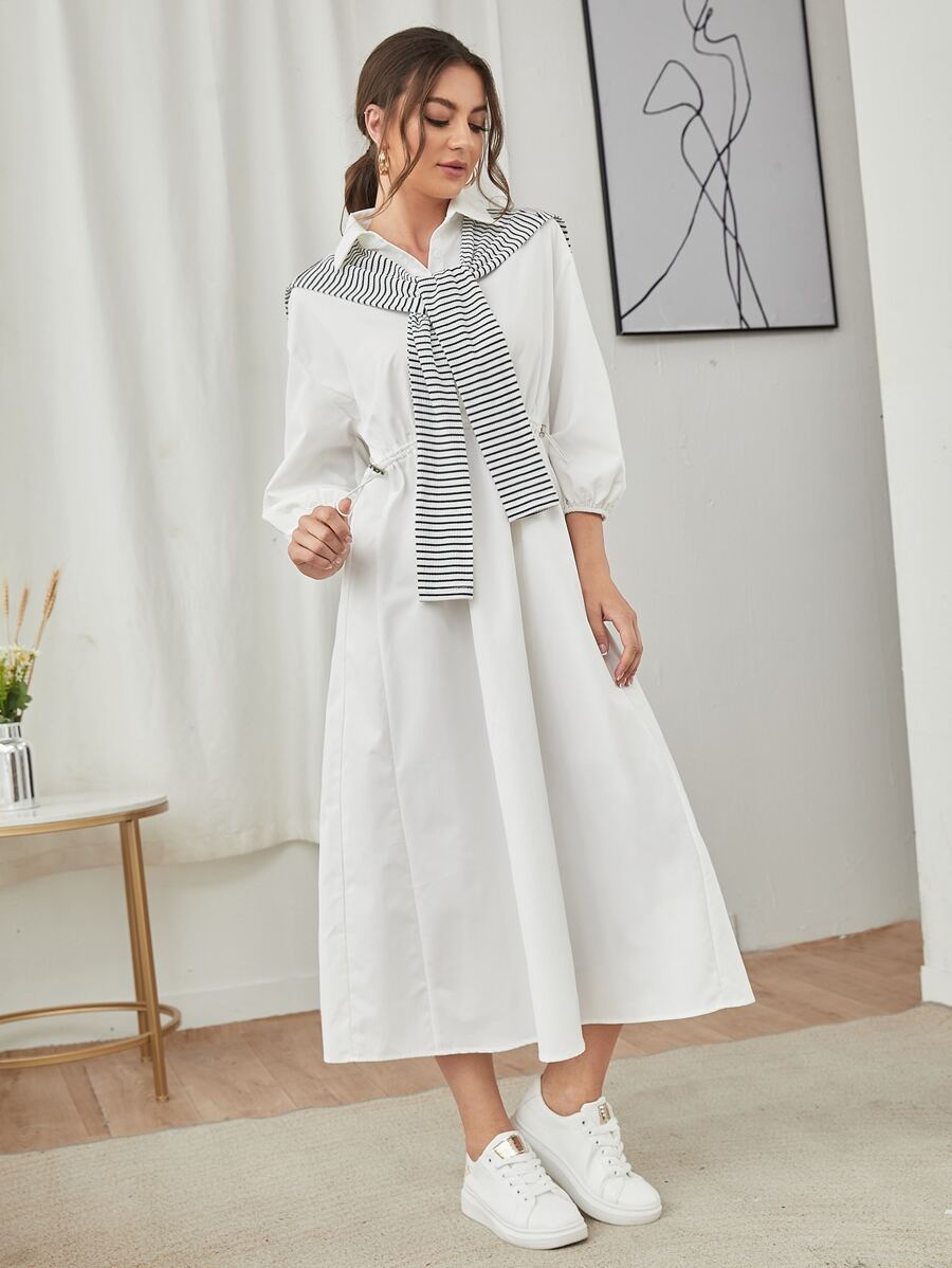 Seusyu 腰部抽繩襯衫洋裝帶條紋圖案披肩