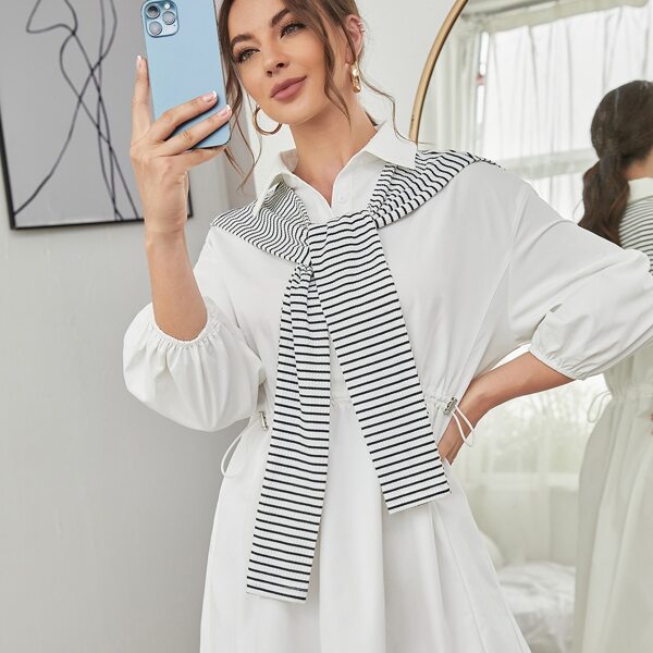 

Drawstring Waist Shirt Dress With Striped Shawl, White