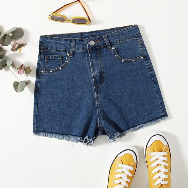 

Raw Hem Straight Leg Denim Shorts, Dark wash