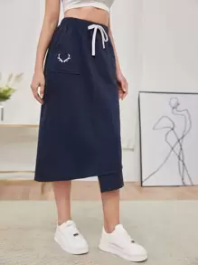 SHEIN Antler Print Asymmetrical Hem Drawstring Waist Skirt - Navy Blue - View 1