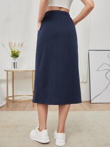 SHEIN Antler Print Asymmetrical Hem Drawstring Waist Skirt - Navy Blue - View 2