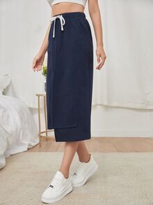 SHEIN Antler Print Asymmetrical Hem Drawstring Waist Skirt - Navy Blue - View 3