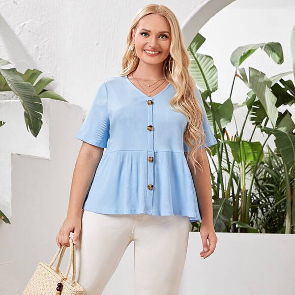 

Plus Button Front Rib-knit Flared Hem Tee, Baby blue