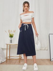 SHEIN Antler Print Asymmetrical Hem Drawstring Waist Skirt - Navy Blue - View 4