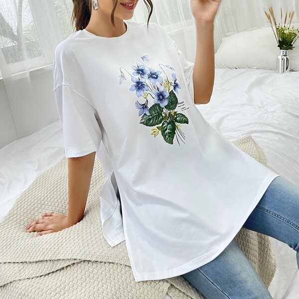 

Floral & Slogan Graphic Split Hem Oversized Tee, White
