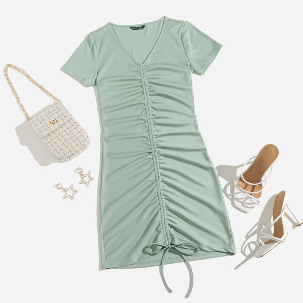 

Solid Drawstring Ruched Bodycon Dress, Mint green