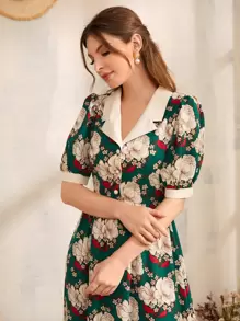 Modelyn 印花西裝領前紐扣泡泡袖連衣裙