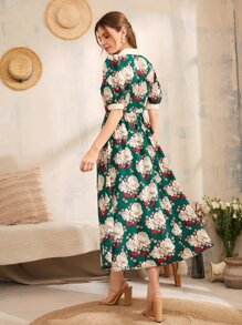 Modelyn 印花西裝領前紐扣泡泡袖連衣裙