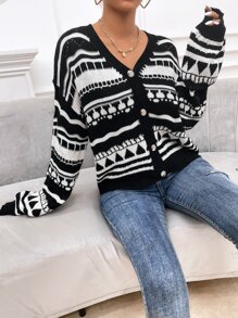 Geo Pattern Drop Shoulder Button Through Cardigan - Black and White - View 1