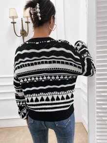 Geo Pattern Drop Shoulder Button Through Cardigan - Black and White - View 2