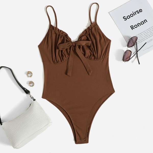 

Plus Knot Front Ruched Bust Cami Bodysuit, Brown