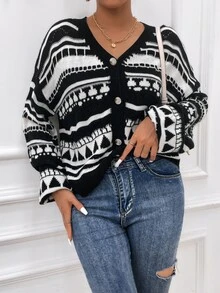 Geo Pattern Drop Shoulder Button Through Cardigan - Black and White - View 4