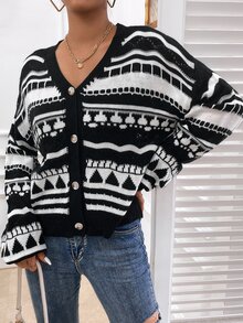 Geo Pattern Drop Shoulder Button Through Cardigan - Black and White - View 5