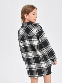 SHEIN Girls Plaid Button Through Flap Pocket Overcoat - Black and White - View 2