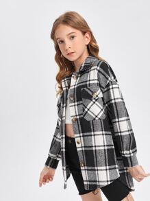 SHEIN Girls Plaid Button Through Flap Pocket Overcoat - Black and White - View 3