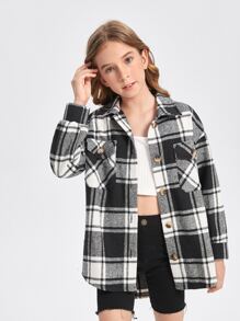 SHEIN Girls Plaid Button Through Flap Pocket Overcoat - Black and White - View 4