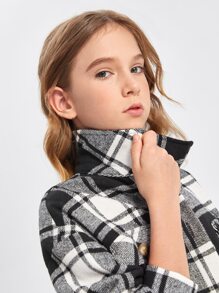 SHEIN Girls Plaid Button Through Flap Pocket Overcoat - Black and White - View 5