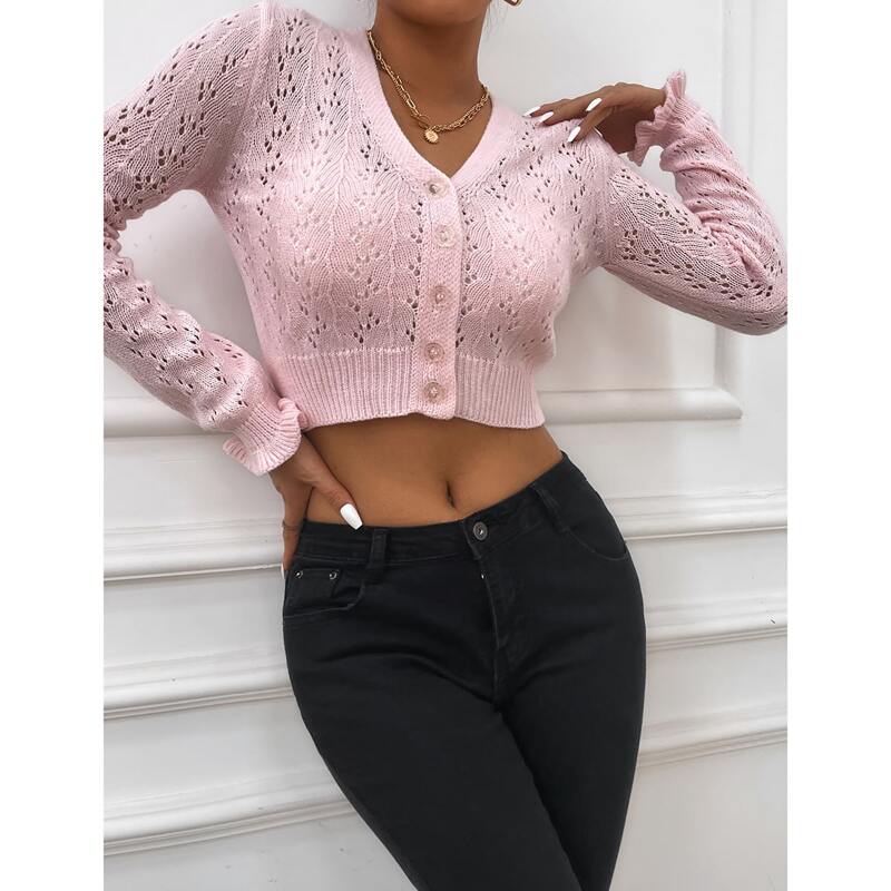 

Button Through Ruffle Sleeve Pointelle Knit Cardigan, Baby pink