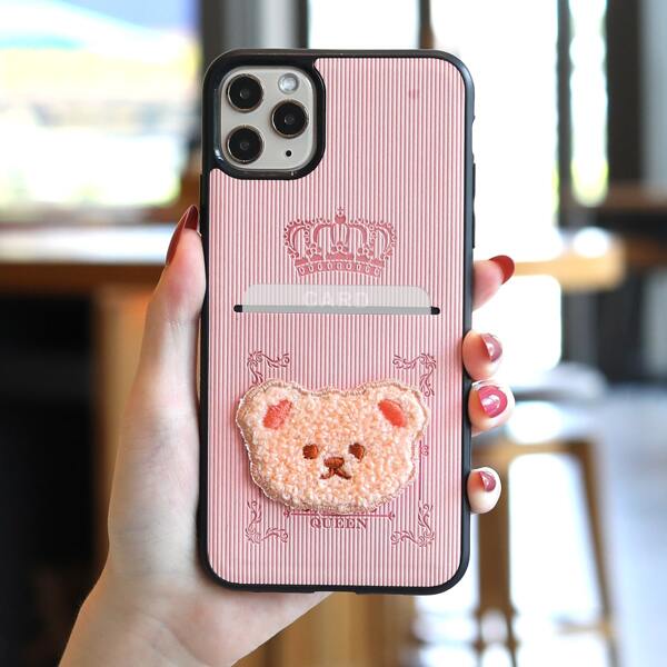 

Cartoon Bear Phone Case With Card Slot, Pink