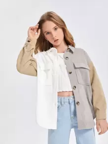 SHEIN Girls Colour Block Button Through Flap Pocket Corduroy Coat - Multicolor - View 1