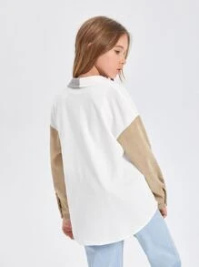 SHEIN Girls Colour Block Button Through Flap Pocket Corduroy Coat - Multicolor - View 2