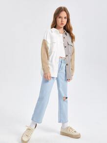 SHEIN Girls Colour Block Button Through Flap Pocket Corduroy Coat - Multicolor - View 3