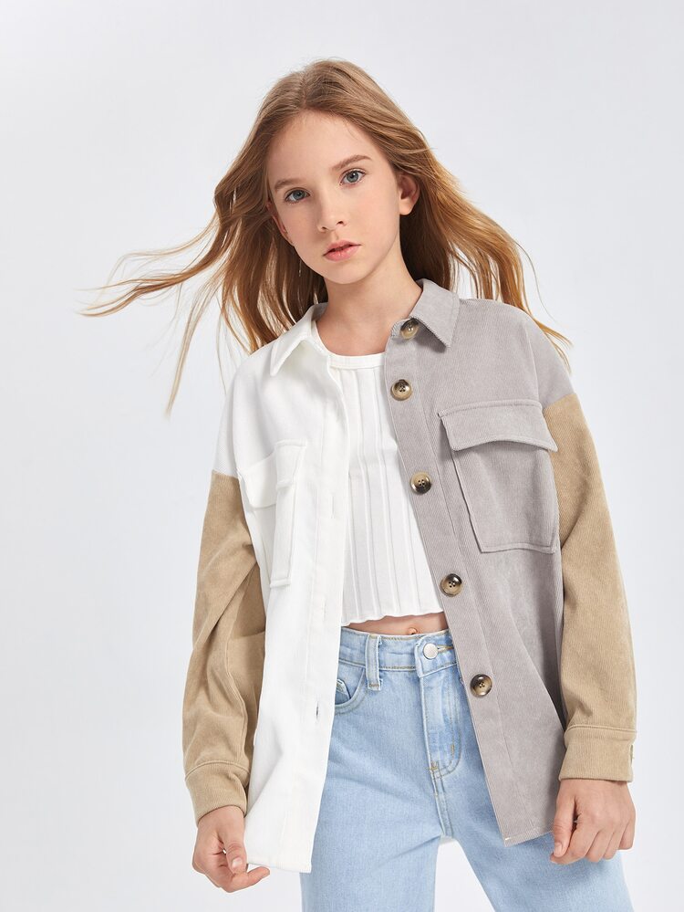 SHEIN Tween女孩色塊釦扣口袋灰絨外套 - 彩色 - 查看 4