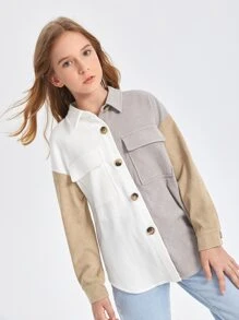 SHEIN Girls Colour Block Button Through Flap Pocket Corduroy Coat - Multicolor - View 5