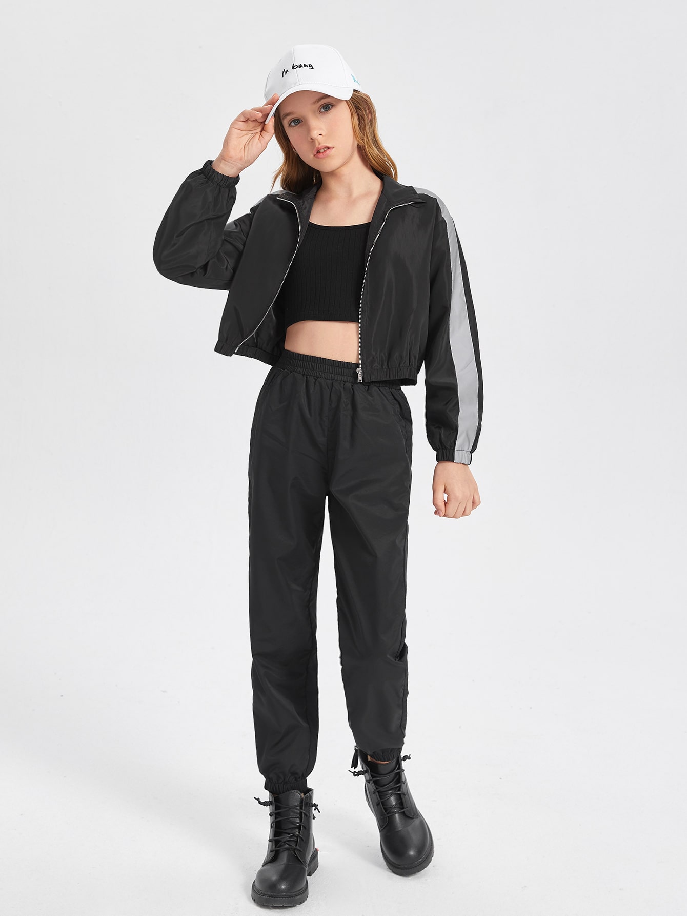 SHEIN Girls Reflective Contrast Side Seam Zip Front Jacket SHEIN USA