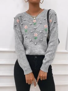 SHEIN LUNE 花卉刺繡爆米花針織落肩袖套頭毛衣 - 淺灰色 - 查看 1
