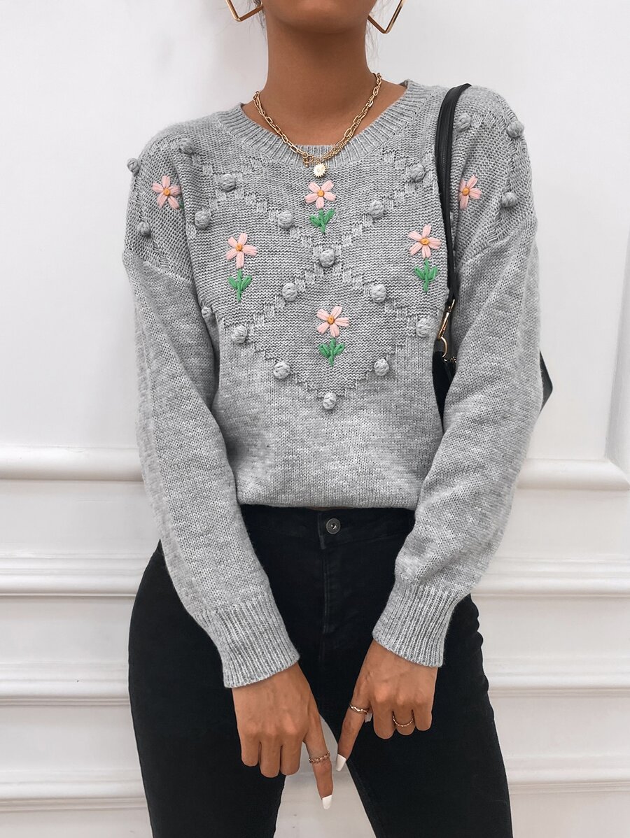 SHEIN LUNE 花卉刺繡爆米花針織落肩袖套頭毛衣 - 淺灰色 - 查看 1