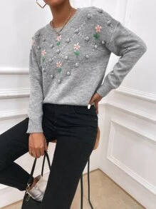 SHEIN LUNE 花卉刺繡爆米花針織落肩袖套頭毛衣 - 淺灰色 - 查看 5
