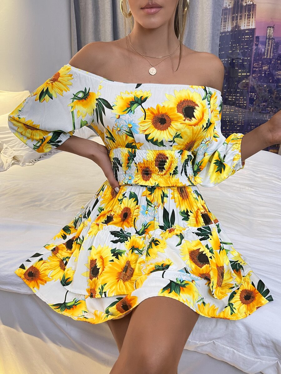 SHEIN SXY 向日葵圖案一字肩腰部打褶連衣裙 - 彩色 - 查看 1