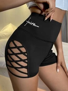 Letter Graphic Criss Cross Biker Shorts - الأسود - مشاهدة 1