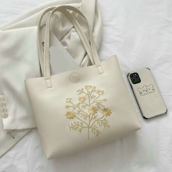 

Floral Pattern Embroidery Shoulder Tote Bag, White