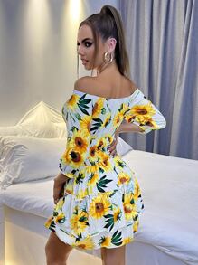 SHEIN SXY 向日葵圖案一字肩腰部打褶連衣裙 - 彩色 - 查看 2